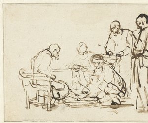 Christus wast de voeten van de discipelen door Rembrandt van Rijn