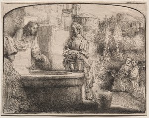 Christus en de Vrouw van Samaria: Een Gebogen Afdruk door Rembrandt van Rijn