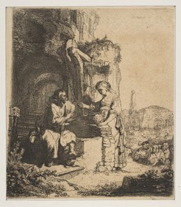 Christus en de Samaritaanse vrouw tussen ruïnes door Rembrandt van Rijn