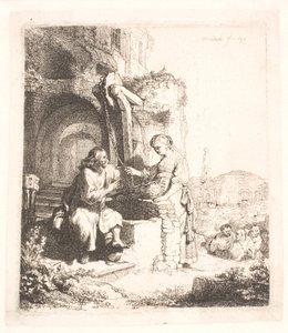 Christus en de vrouw van Samaria: tussen ruïnes door Rembrandt van Rijn