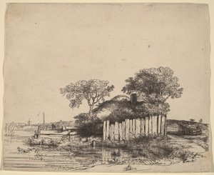 Huisje met een witte schutting door Rembrandt van Rijn