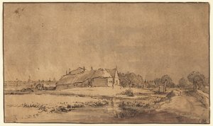 Huisjes en schuur naast een weg door Rembrandt van Rijn