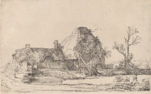 Huisjes en boerderijgebouwen met een man die schetst, ca. 1645 door Rembrandt van Rijn