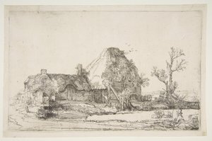Huisjes en Boerderijgebouwen met een Man die Schetst, circa 1645 door Rembrandt van Rijn