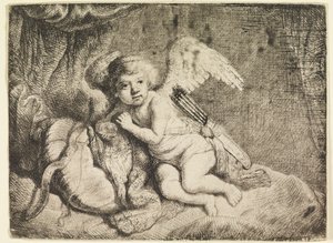 Cupido rustend, naar een schilderij dat vroeger aan Rembrandt werd toegeschreven door Rembrandt van Rijn