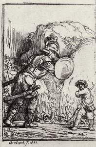 David en Goliath. Illustratie voor Piedra gloriosa door Menasseh ben Israel door Rembrandt van Rijn