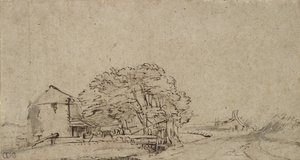 Boerderijgebouw naast een Weg met Verafgelegen Boerderij door Rembrandt van Rijn