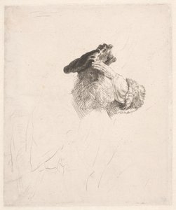 Oude man die met zijn hand schaduw maakt voor zijn ogen door Rembrandt van Rijn