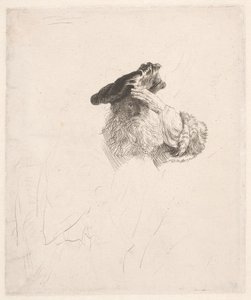Oude man die met zijn hand schaduw maakt voor zijn ogen door Rembrandt van Rijn