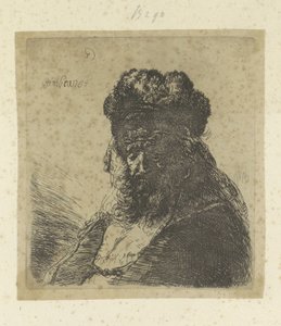Gebaarde oude man met hoge bontmuts en gesloten ogen door Rembrandt van Rijn
