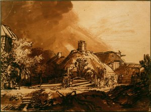 Huizen onder dreigende hemel door Rembrandt van Rijn