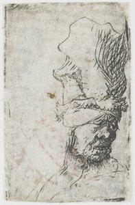 Hoofd van een man met een hoge pet door Rembrandt van Rijn