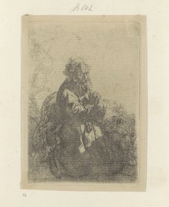 Hieronymus geknield in gebed, de blik naar beneden gericht