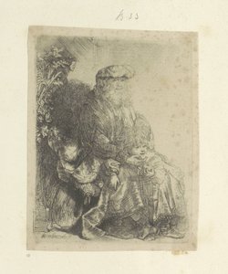 Jacob liefkoost Benjamin door Rembrandt van Rijn