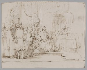 Jozef vertelt zijn dromen aan zijn ouders en broers door Rembrandt van Rijn