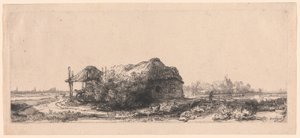 Landschap met Huisjes en een Hooischuur: Liggend door Rembrandt van Rijn