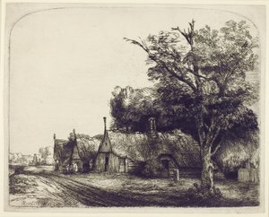 Landschap met Gevelhuisjes Langs een Weg door Rembrandt van Rijn