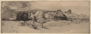 Landschap met bomen, boerderijgebouwen en een toren door Rembrandt van Rijn