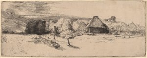 Landschap met Bomen, Boerderijgebouwen en een Toren door Rembrandt van Rijn