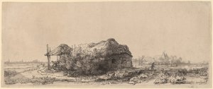 Landschap met een huisje en hooischuur: Oblong door Rembrandt van Rijn