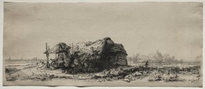 Landschap met een huisje en hooischuur: Oblong door Rembrandt van Rijn