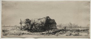 Landschap met een huisje en hooischuur: Oblong, 1641 door Rembrandt van Rijn