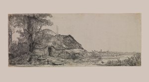 Landschap met een huisje en een grote boom door Rembrandt van Rijn