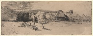 Landschap met een boerderij en het "Huis met de Toren" door Rembrandt van Rijn