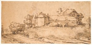 Landschap met een boerderij en een hooischuur