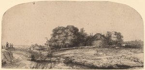 Landschap met een hooischuur en een kudde schapen door Rembrandt van Rijn