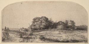 Landschap met een hooischuur en een kudde schapen door Rembrandt van Rijn