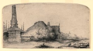 Landschap met een obelisk door Rembrandt van Rijn