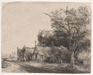 Landschap met drie huizen met puntgevels langs een weg door Rembrandt van Rijn