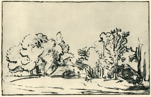 Landschap met twee huisjes, ca. 1650-1655 door Rembrandt van Rijn