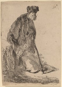 Man in een Jas en Bontmuts Leunend tegen een Oever door Rembrandt van Rijn
