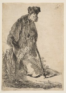 Man in een jas en bontmuts leunend tegen een bank, ca. 1630