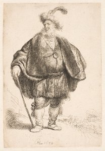 Man in oosterse klederdracht met een met veren versierde bontmuts door Rembrandt van Rijn