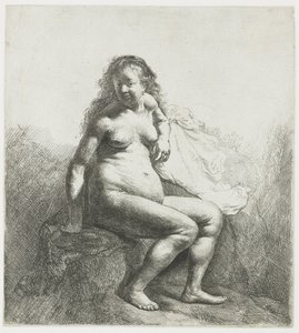 Naakte vrouw op een heuvel door Rembrandt van Rijn