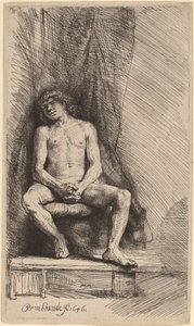 Naakte man zittend voor een gordijn door Rembrandt van Rijn