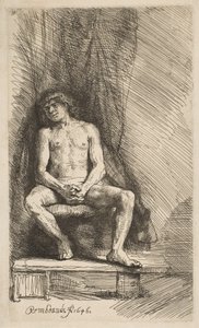 Naakte Man Zittend voor een Gordijn door Rembrandt van Rijn
