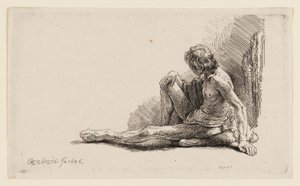 Naakte Man Zittend op de Grond met Eén Been Gestrekt door Rembrandt van Rijn