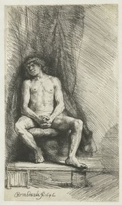 Naakte jonge man, zittend voor een gordijn door Rembrandt van Rijn