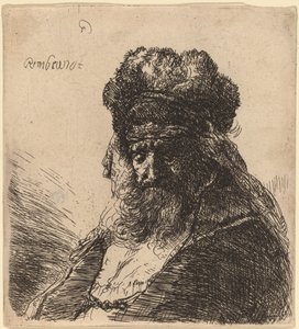 Oude bebaarde man met een hoge bontmuts, met gesloten ogen door Rembrandt van Rijn