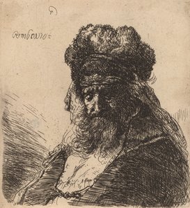 Oude Bebaarde Man in een Hoge Bontmuts, met Gesloten Ogen, ca. 1635 door Rembrandt van Rijn