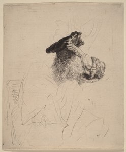Oude man die met zijn hand zijn ogen afschermt door Rembrandt van Rijn