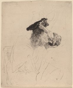 Oude man die zijn ogen met zijn hand afschermt door Rembrandt van Rijn