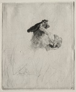 Oude man die zijn ogen met zijn hand afschermt door Rembrandt van Rijn