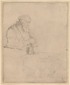 Oude man in meditatie, leunend op een boek