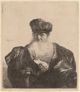 Oude man met baard, bontmuts en fluwelen mantel door Rembrandt van Rijn