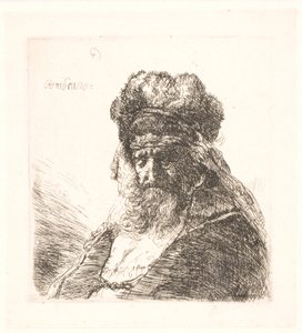 Oude bebaarde man met een hoge bontmuts, met gesloten ogen door Rembrandt van Rijn